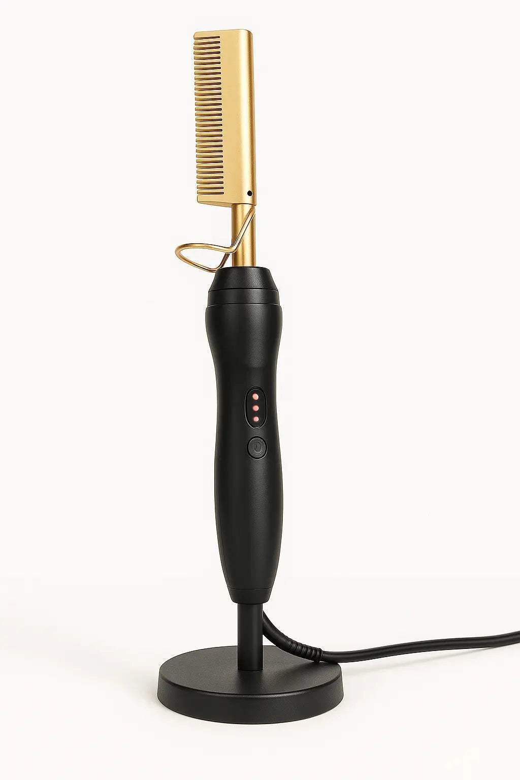 Ultimate straightening comb with fast heating, sleek black handle, gold teeth, and tangle-free cord on stand