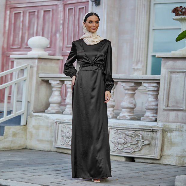 Elegant black satin long sleeve women's fashion satin waist tie dress with high waist and A-line silhouette