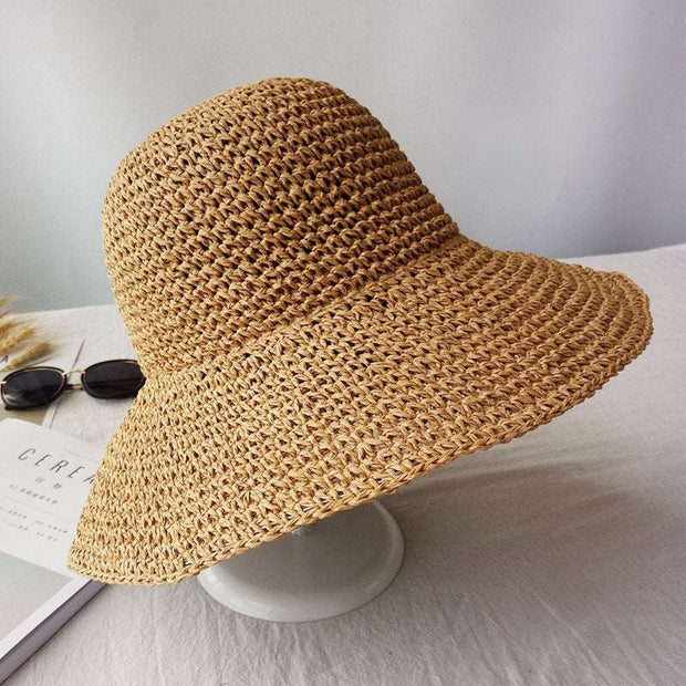 Retro beige woven summer autumn hat for women with wide drooping brim and dome top style