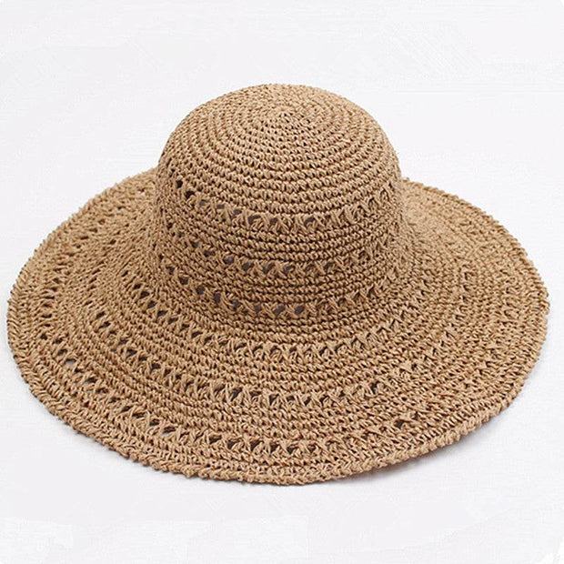 Retro beige crocheted summer autumn hat with wide eaves for women