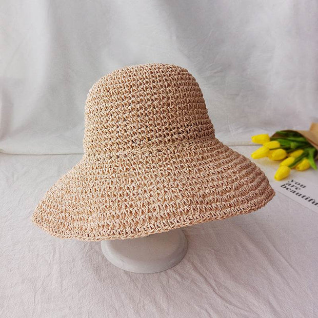 Beige retro flat drooping summer autumn fisherman's hat for women with big eaves and woven dome top