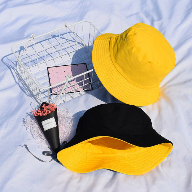 Yellow and black reversible bucket hat fisherman hats for men and women summer sunshade cotton