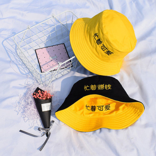 Yellow and black reversible cotton bucket hat fisherman hats for men and women summer sunshade