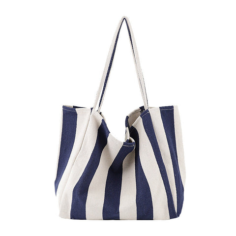 Striped canvas tote bag with high capacity and shoulder strap for casual shopping