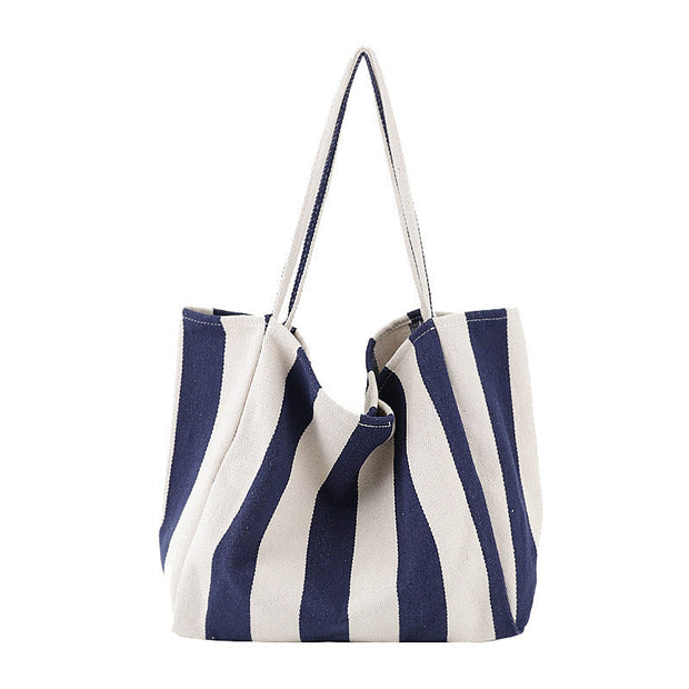 Striped canvas tote bag with high capacity and shoulder strap for casual shopping