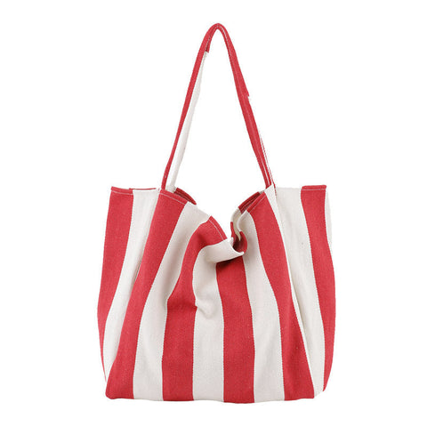 Red and white striped canvas shoulder bag for women with high capacity and casual style