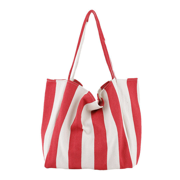 Red and white striped canvas shoulder bag for women with high capacity and casual style
