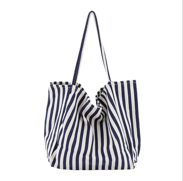 Striped canvas shoulder bag for women with high capacity and casual design