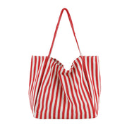 Red and white striped canvas shoulder tote bag for women with high capacity and casual design