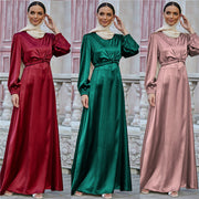 Women's satin long sleeve waist tie dresses in burgundy, green, and pink colors