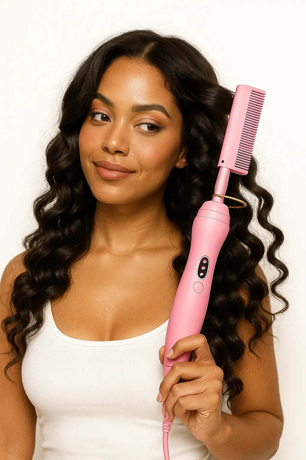 Woman using pink ultimate straightening comb on curly hair for smooth, sleek styling