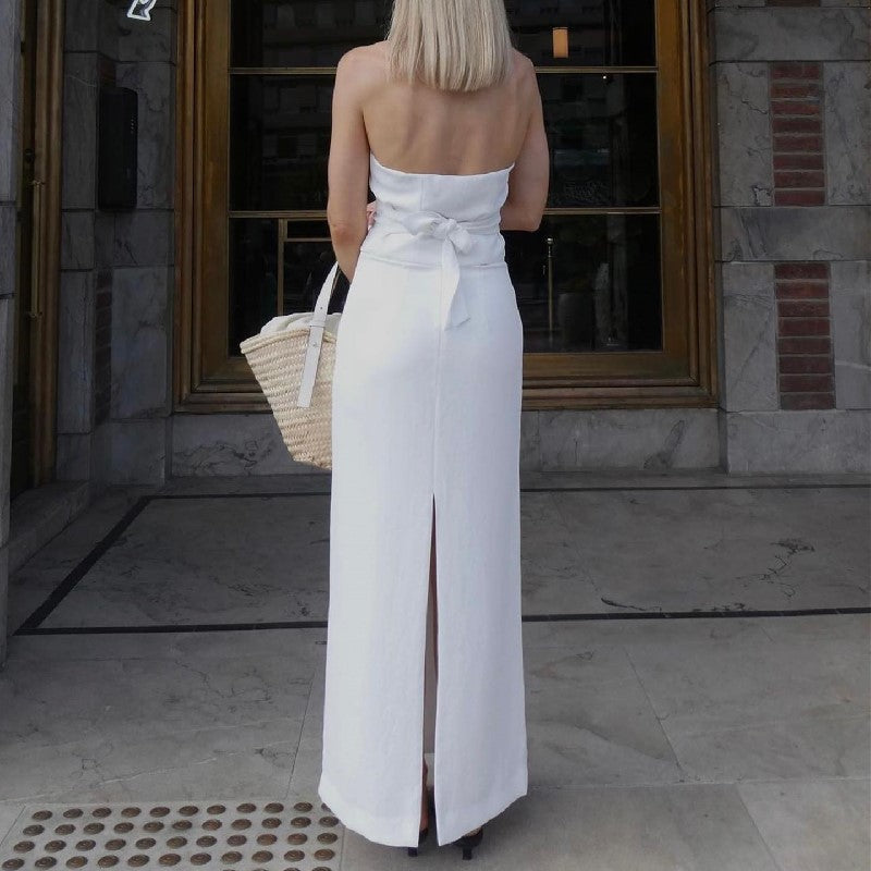 Women 2 Piece Summer Outfits Solid Color Button Halter Tops and Slit Long Skirt Set for Streetwear y2k Aesthetic Clothes