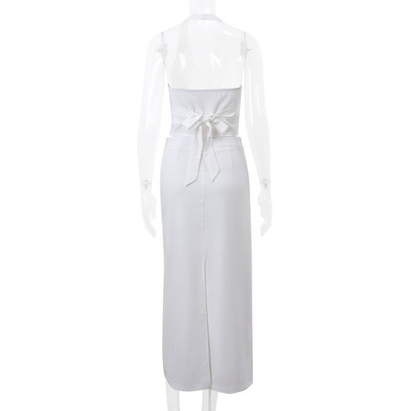 Women 2 Piece Summer Outfits Solid Color Button Halter Tops and Slit Long Skirt Set for Streetwear y2k Aesthetic Clothes