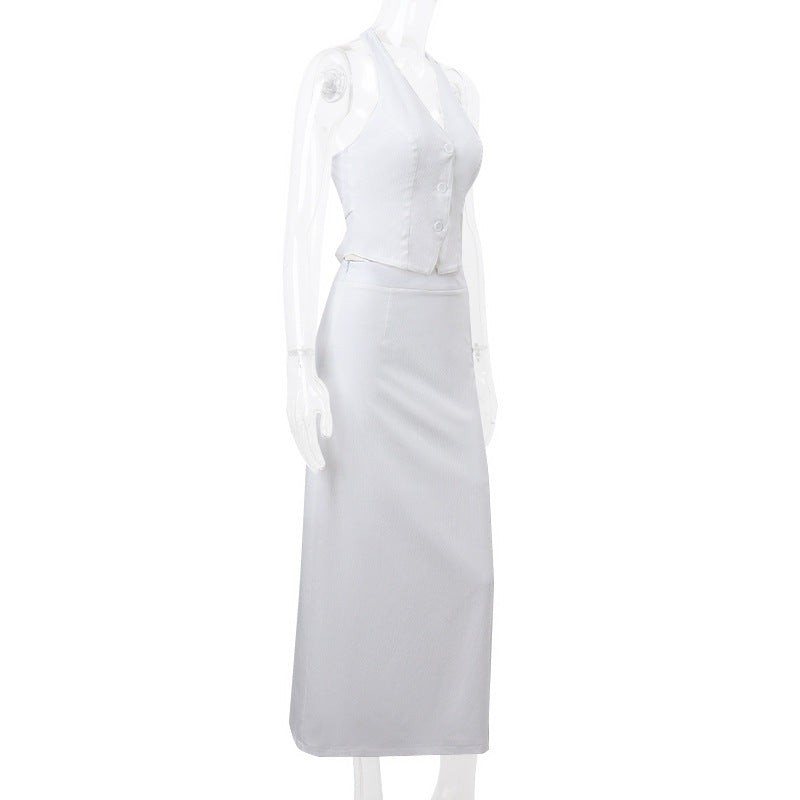 Women 2 Piece Summer Outfits Solid Color Button Halter Tops and Slit Long Skirt Set for Streetwear y2k Aesthetic Clothes