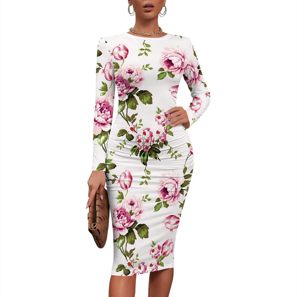 Women's Elegant Bodycon Basic Dress Ruched Sexy Bodycon Long Sleeve Crew Neck Midi Dress Work Office Pencil Dresses