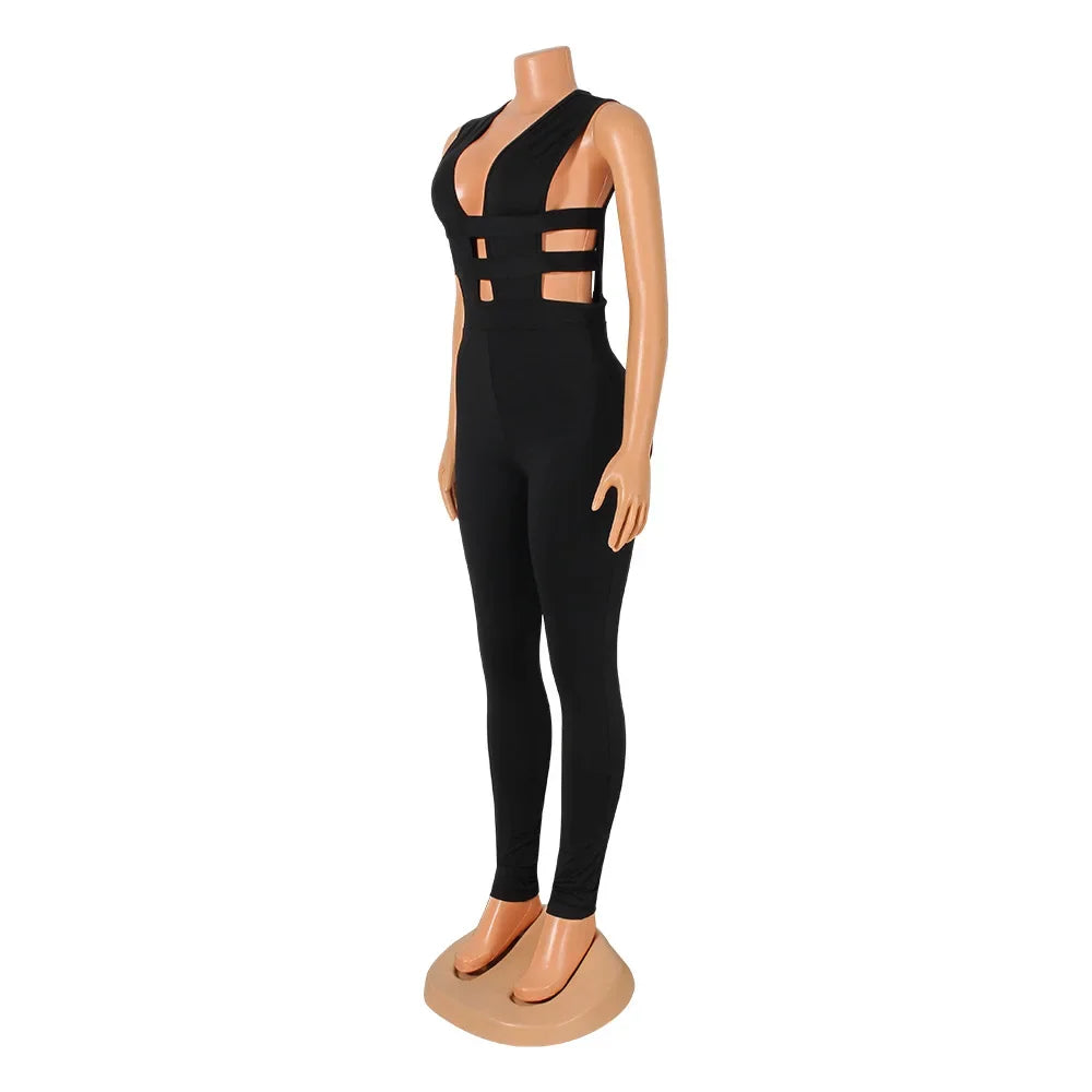 Women Sexy Jumpsuits Party Prom Nightclub V-neck Sleeveless Lady Solid Banquet Hollow New Splicing Tight Spring Summer Jumpsuit