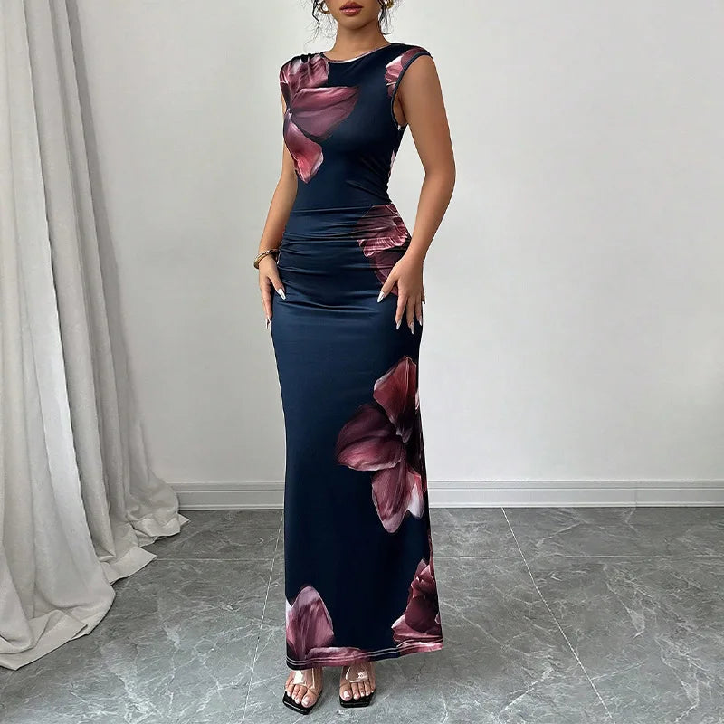 Woman wearing sleeveless sexy bodycon maxi dress with large floral print and O-neck design, slim fit and ankle-length, summer party style