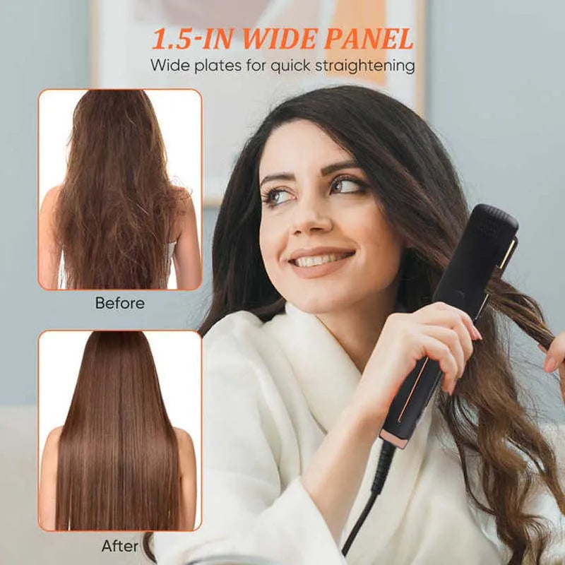 Woman using professional ceramic hair straightener with wide plates for quick straightening showing before and after results