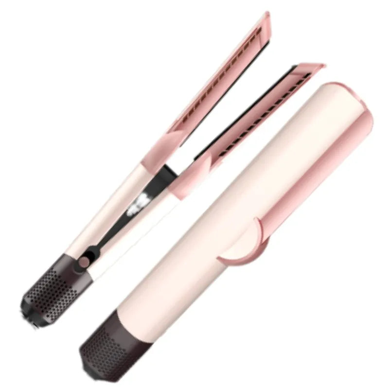 Pink and white dual-function hair straightener and hair dryer with ceramic heating and negative ion technology