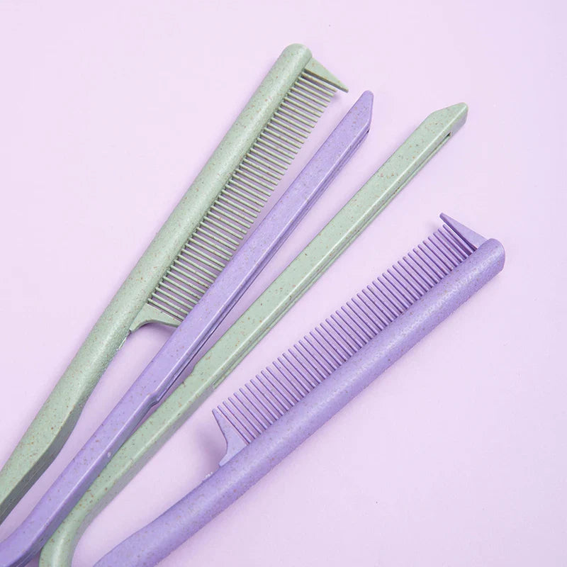 Set of wheat straw V-shaped flat hair combs in pastel green and purple colors on a light pink background