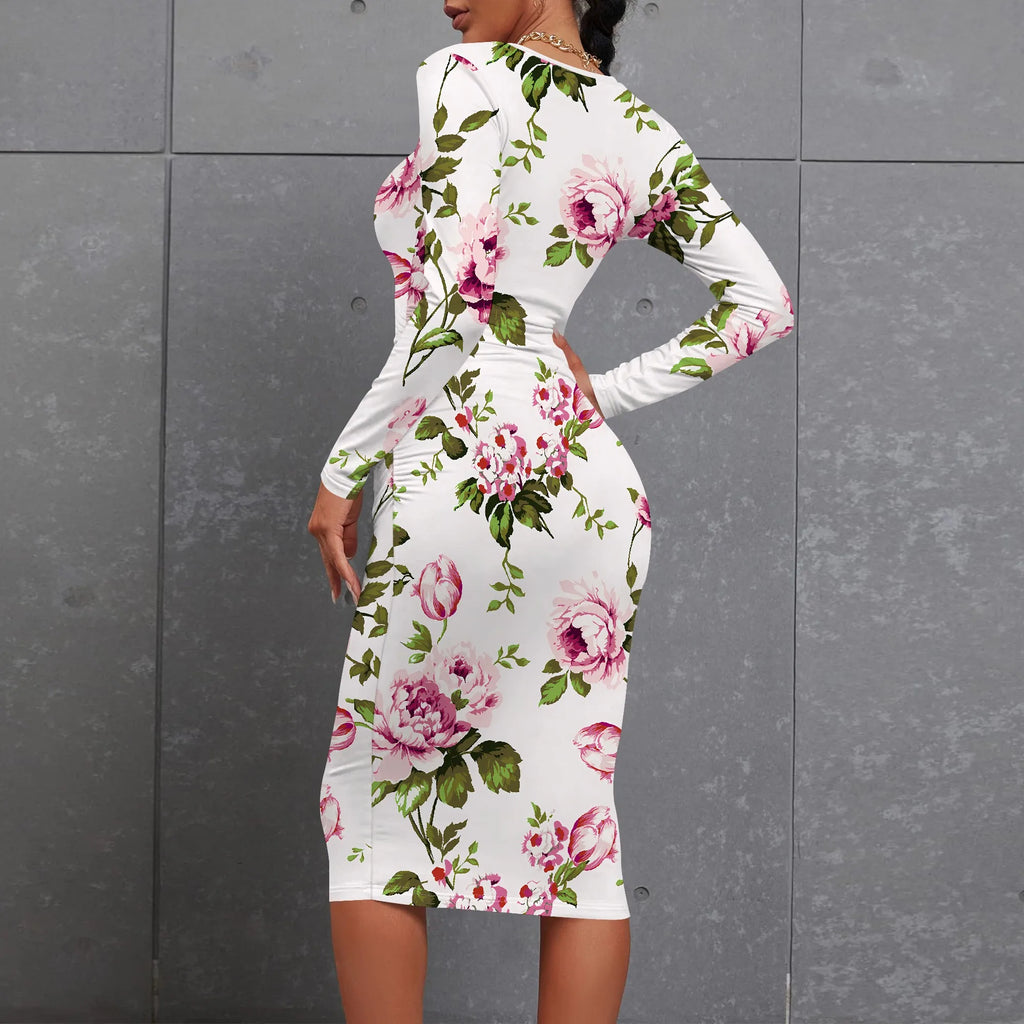 Women's Elegant Bodycon Basic Dress Ruched Sexy Bodycon Long Sleeve Crew Neck Midi Dress Work Office Pencil Dresses