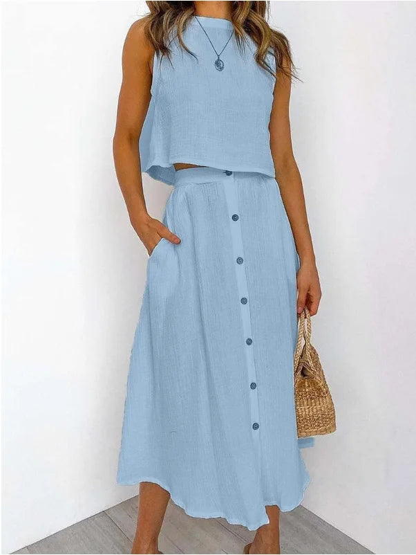 Summer Outfits For Women 2023 New Casual Cotton Linen Suit Loose Sleeveless Vest Single-breasted Skirt 2 Piece Set Women Outfit