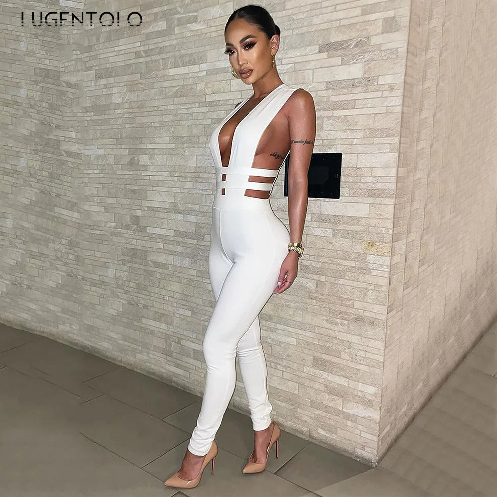 Women Sexy Jumpsuits Party Prom Nightclub V-neck Sleeveless Lady Solid Banquet Hollow New Splicing Tight Spring Summer Jumpsuit