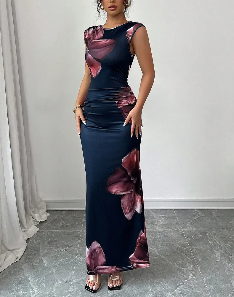 Sexy bodycon maxi dress for women featuring a sleeveless O-neck design with floral print and slim fit for summer parties