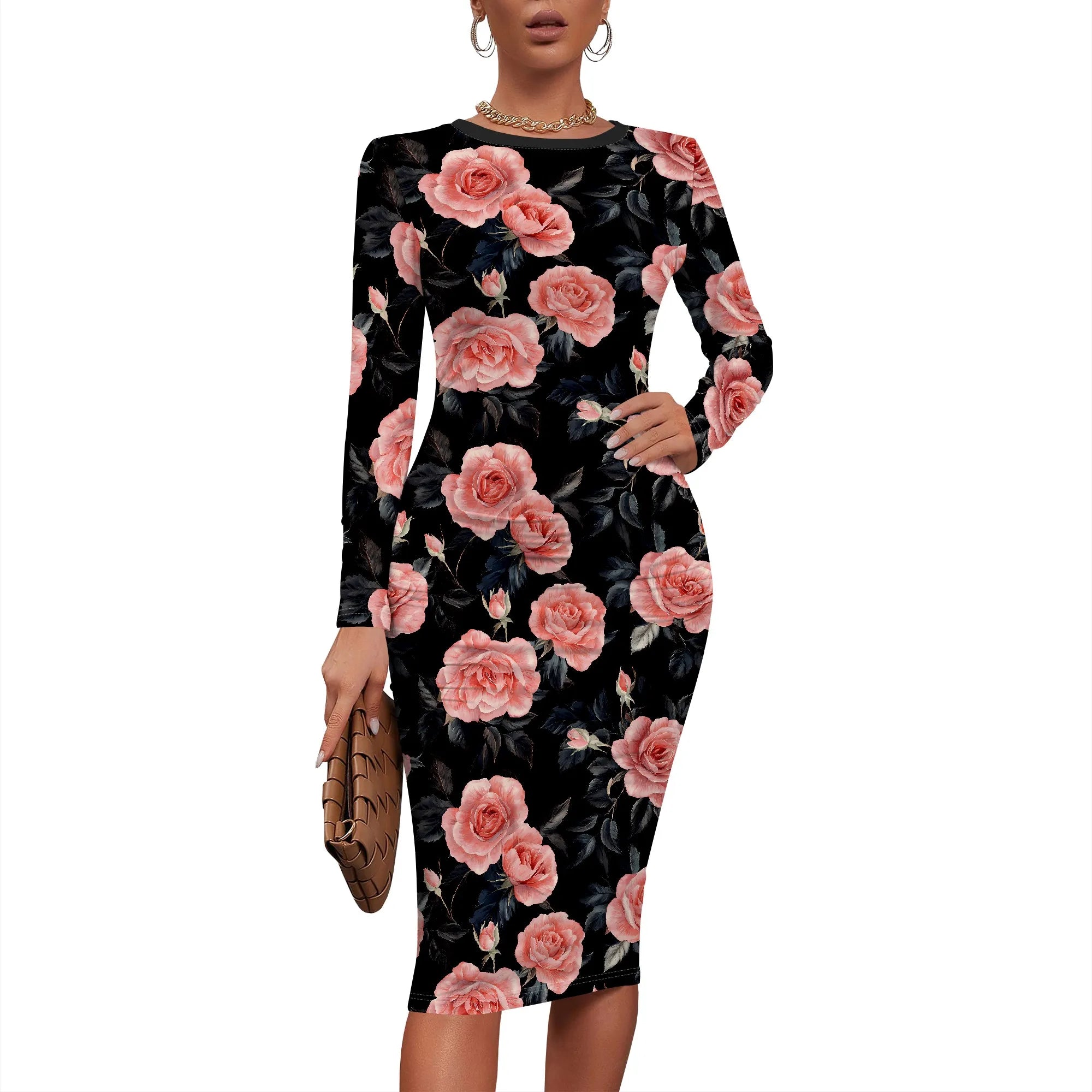 Women's Elegant Bodycon Basic Dress Ruched Sexy Bodycon Long Sleeve Crew Neck Midi Dress Work Office Pencil Dresses