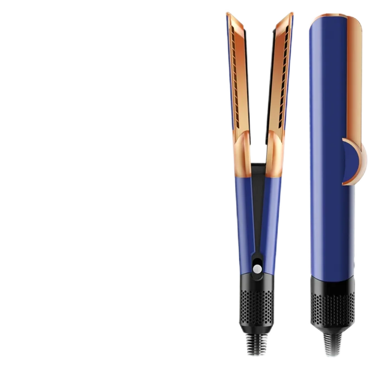 Blue and rose gold ceramic hair straightener with built-in hair dryer and negative ion technology for long-lasting styling.