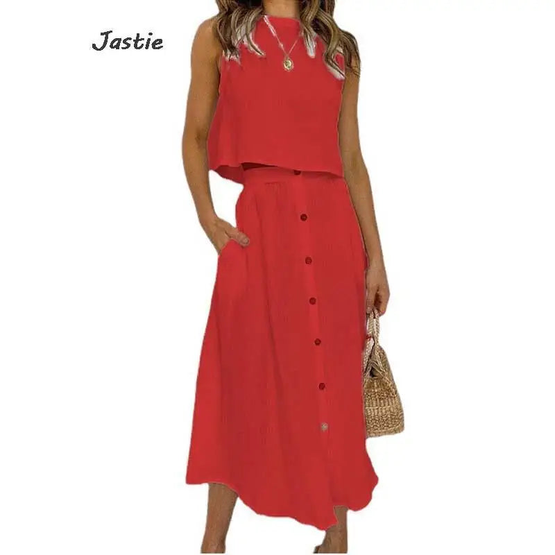 Summer Outfits For Women 2023 New Casual Cotton Linen Suit Loose Sleeveless Vest Single-breasted Skirt 2 Piece Set Women Outfit