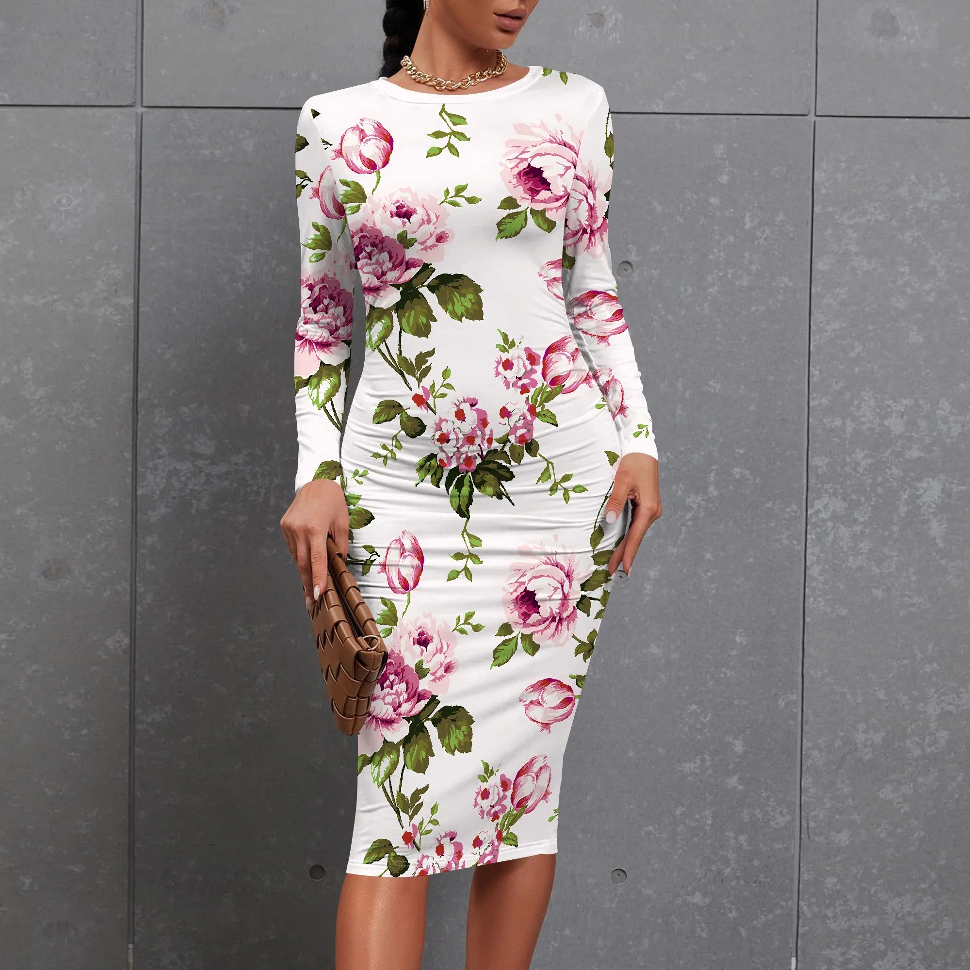 Women's Elegant Bodycon Basic Dress Ruched Sexy Bodycon Long Sleeve Crew Neck Midi Dress Work Office Pencil Dresses