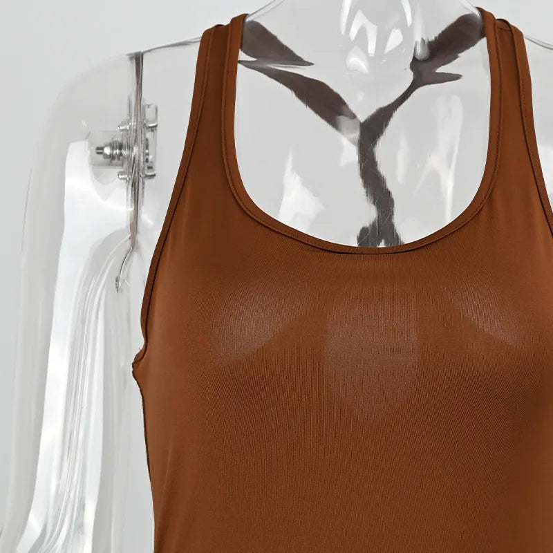 Brown sleeveless slim fit sexy jumpsuit for women with hollow out detail and backless design