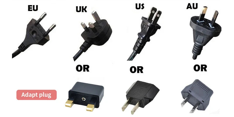 Hair straightener with multiple international plug adaptors including EU, UK, US, and AU options for global use.