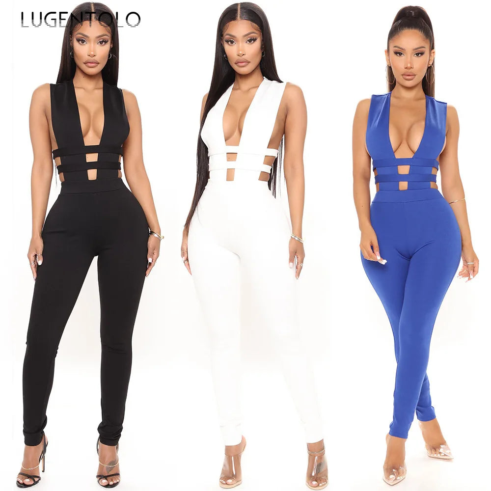 Women Sexy Jumpsuits Party Prom Nightclub V-neck Sleeveless Lady Solid Banquet Hollow New Splicing Tight Spring Summer Jumpsuit