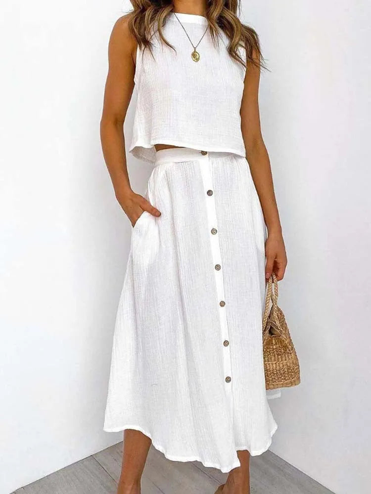 Summer Outfits For Women 2023 New Casual Cotton Linen Suit Loose Sleeveless Vest Single-breasted Skirt 2 Piece Set Women Outfit