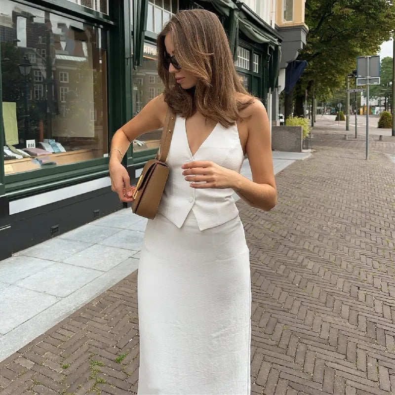 Women 2 Piece Summer Outfits Solid Color Button Halter Tops and Slit Long Skirt Set for Streetwear y2k Aesthetic Clothes