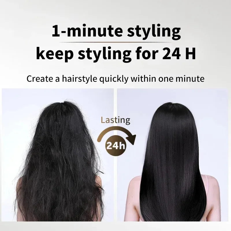 Before and after images showing hair transformed from frizzy to smooth, straight using a hair straightener for long-lasting styling.