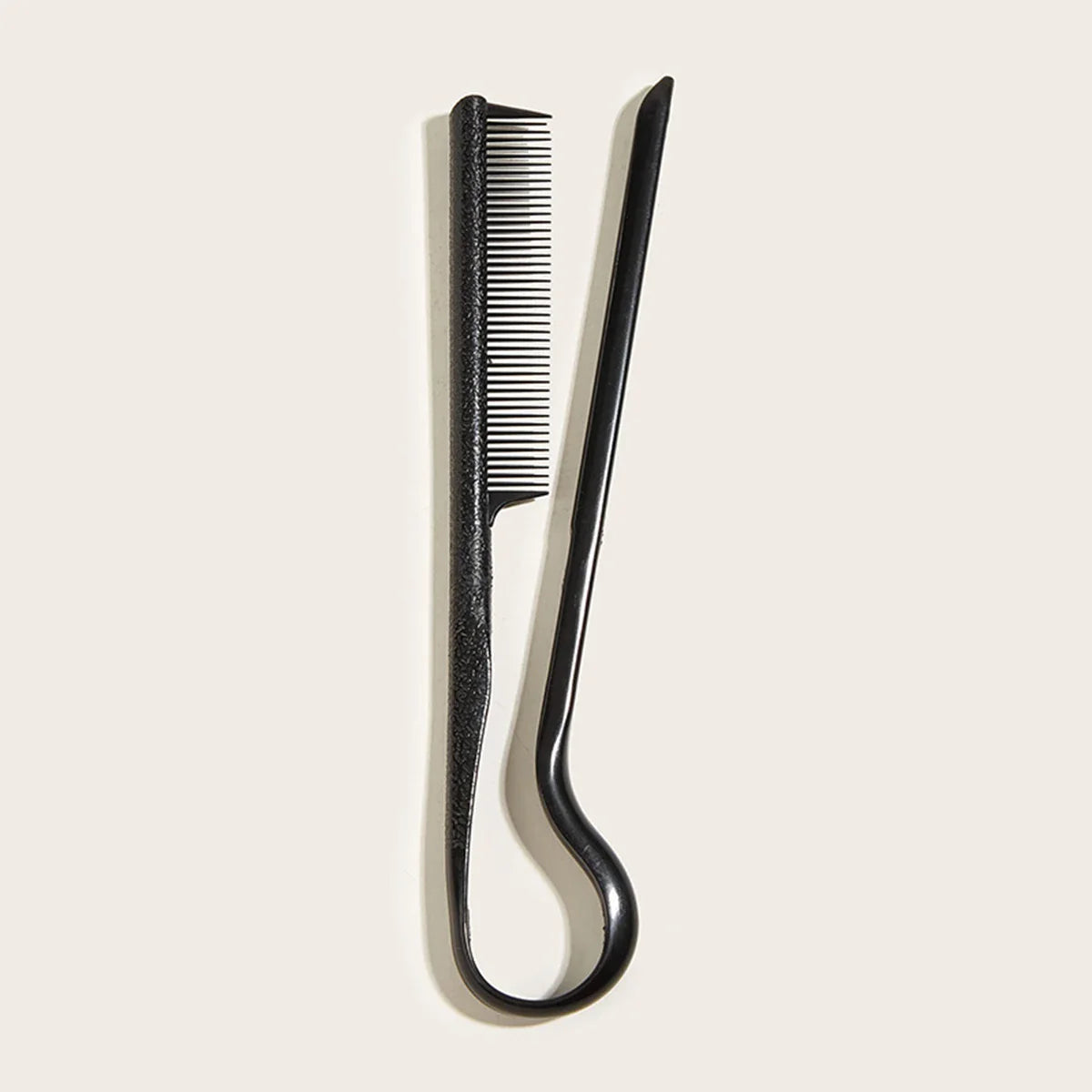 Black Wheat Straw V-shaped flat comb with fine teeth and curved handle for hair straightening and styling.