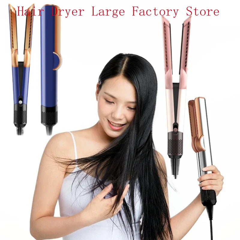 Woman using multifunctional hair straightener and dryer styling tool with ceramic plates and negative ion technology