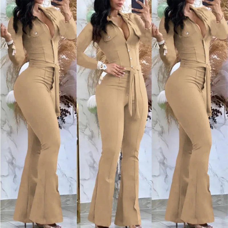 Woman wearing beige casual flared pants jumpsuit with button down front and belt, styled for party or evening wear
