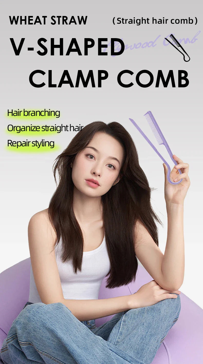 Wheat straw V-shaped flat comb for hair straightening and styling, portable mini hairbrush