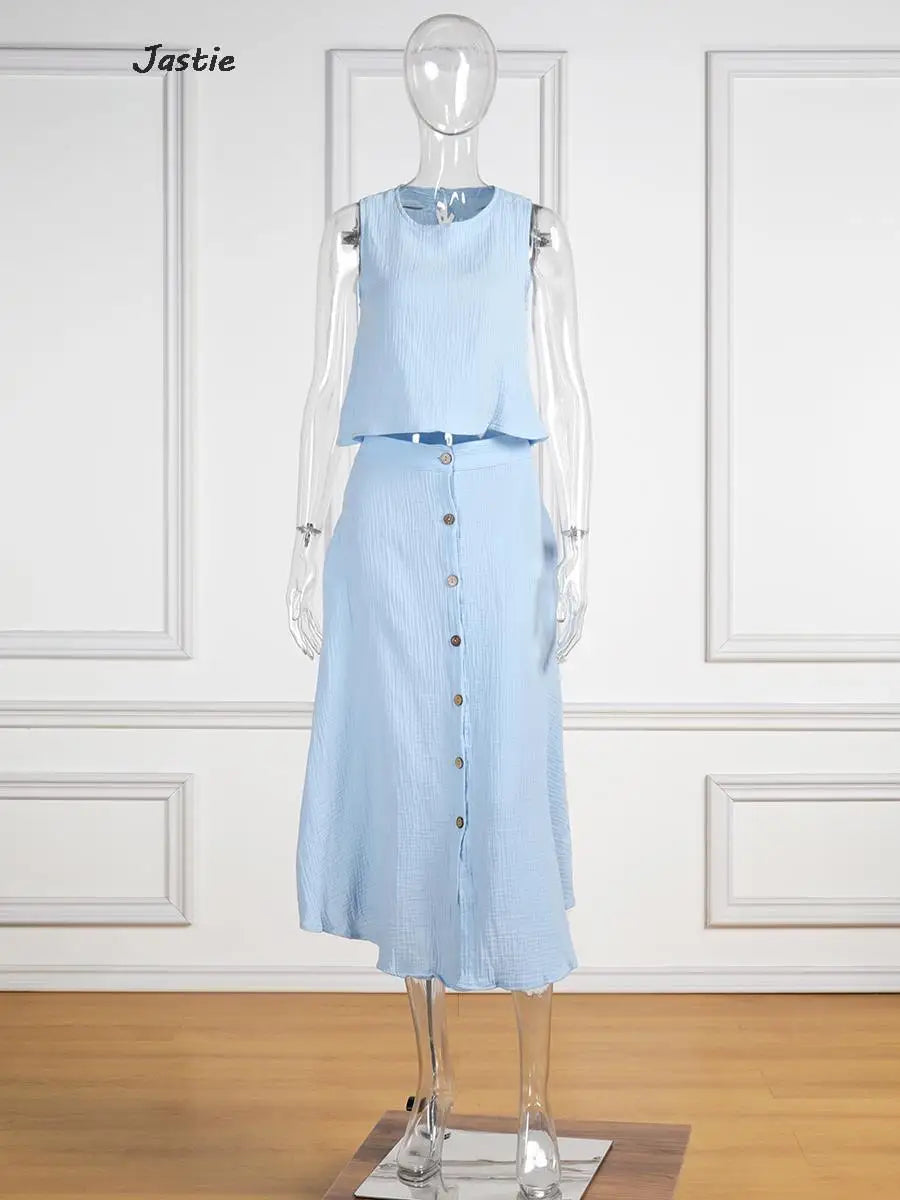 Summer Outfits For Women 2023 New Casual Cotton Linen Suit Loose Sleeveless Vest Single-breasted Skirt 2 Piece Set Women Outfit