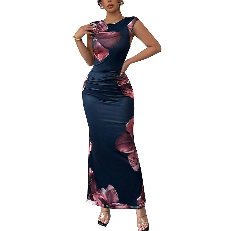 Sexy bodycon maxi dress for women, sleeveless, O-neck, slim fit, floral print, ankle-length, summer party dress