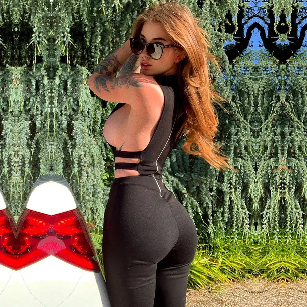 Women Sexy Jumpsuits Party Prom Nightclub V-neck Sleeveless Lady Solid Banquet Hollow New Splicing Tight Spring Summer Jumpsuit