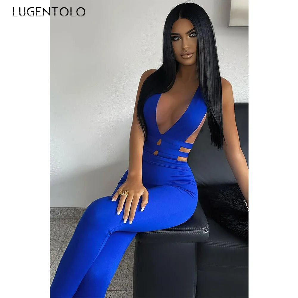 Women Sexy Jumpsuits Party Prom Nightclub V-neck Sleeveless Lady Solid Banquet Hollow New Splicing Tight Spring Summer Jumpsuit