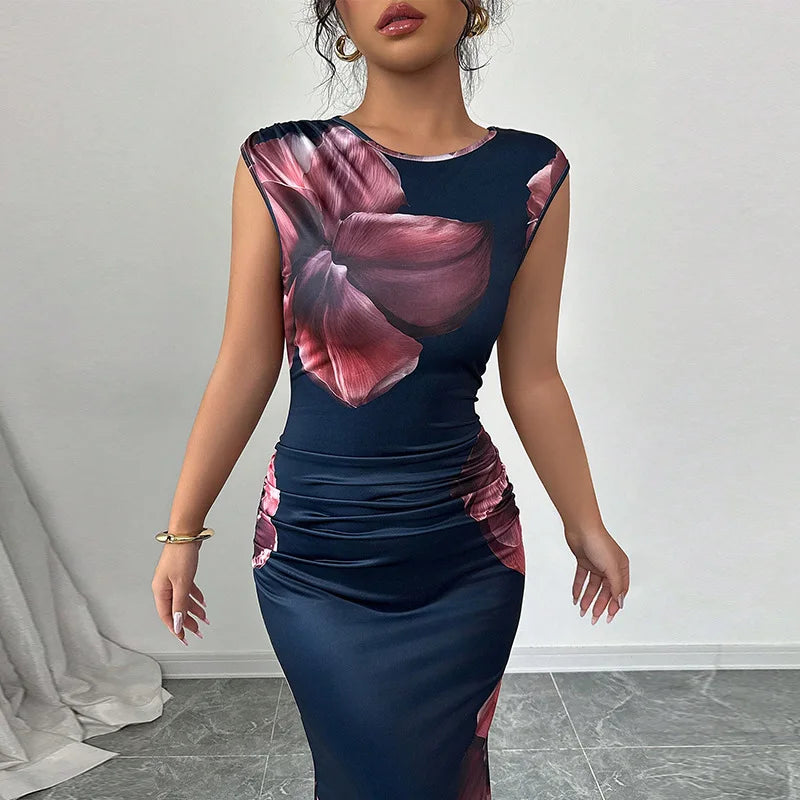 Sexy bodycon maxi dress for women featuring sleeveless design, O-neck, floral print, and slim fit silhouette in navy and pink colors.