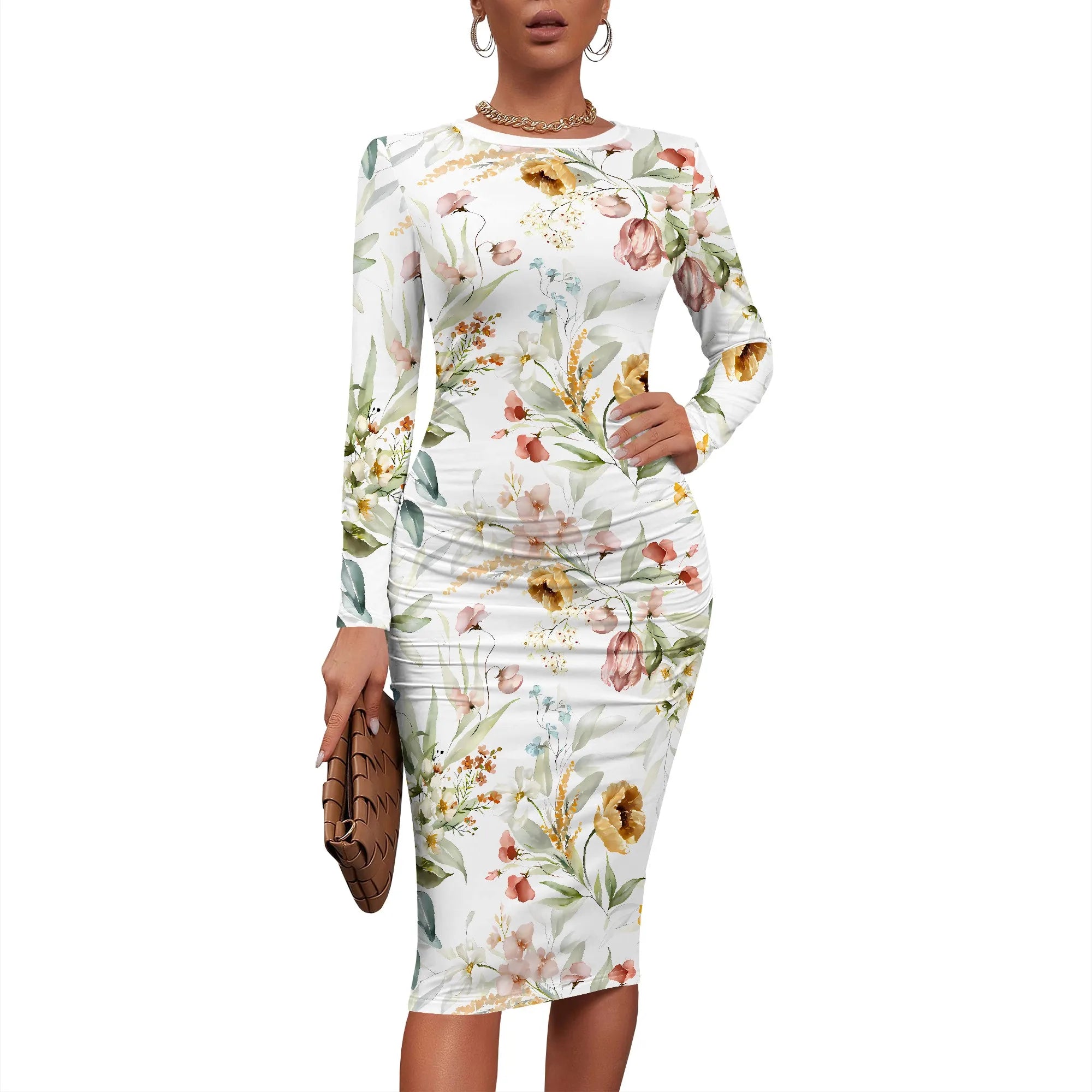 Women's Elegant Bodycon Basic Dress Ruched Sexy Bodycon Long Sleeve Crew Neck Midi Dress Work Office Pencil Dresses