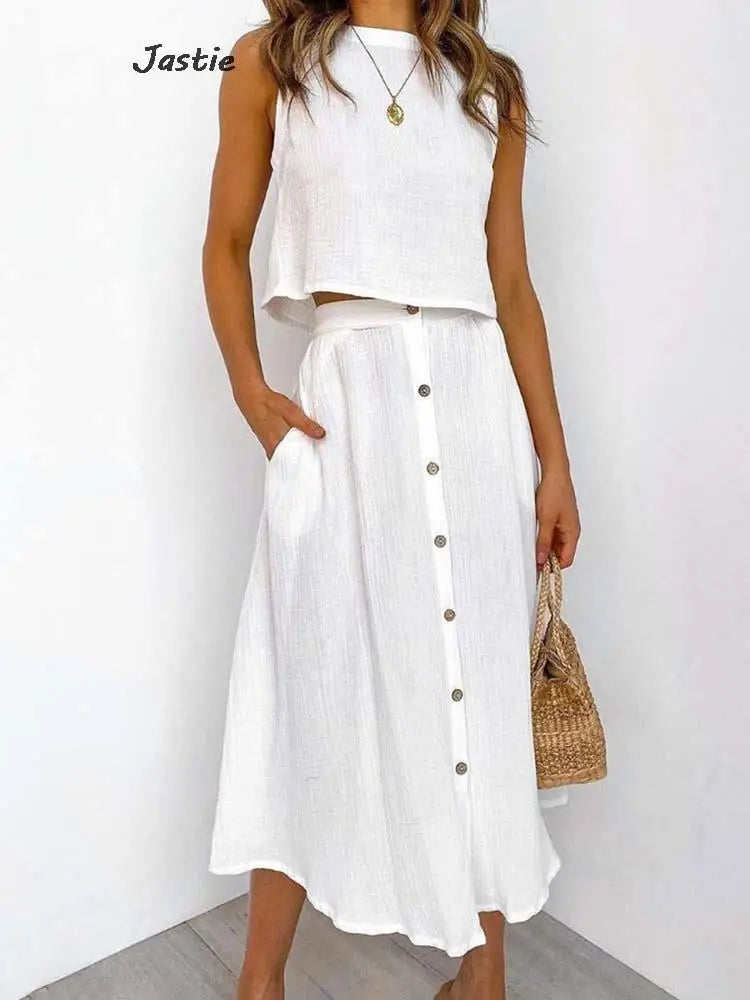 Summer Outfits For Women 2023 New Casual Cotton Linen Suit Loose Sleeveless Vest Single-breasted Skirt 2 Piece Set Women Outfit