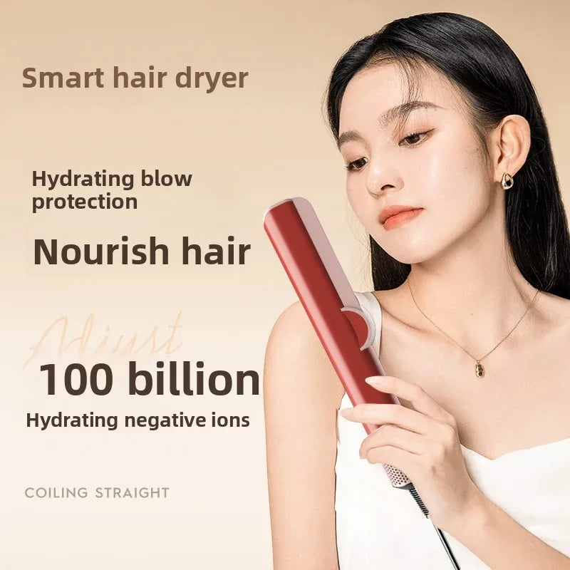 Woman using red hairstrait hair straightener hair dryer with negative ion technology for nourishing and protecting hair
